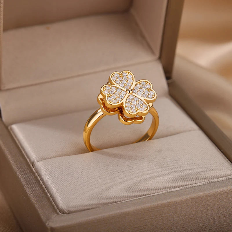Zirkon Drehbare Vierblättrige Kleeblatt Angst-Ringe für Damen Edelstahl Anti-Stress Fidget Spinner Ring Ästhetischer Schmuck Geschenk