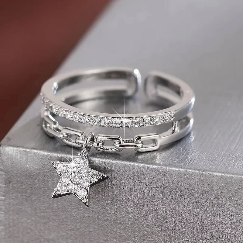 Anillo de Apertura de Doble Capa Exquisito para Mujer con Circonita Sintética Ajustable y Colgante de Estrella
