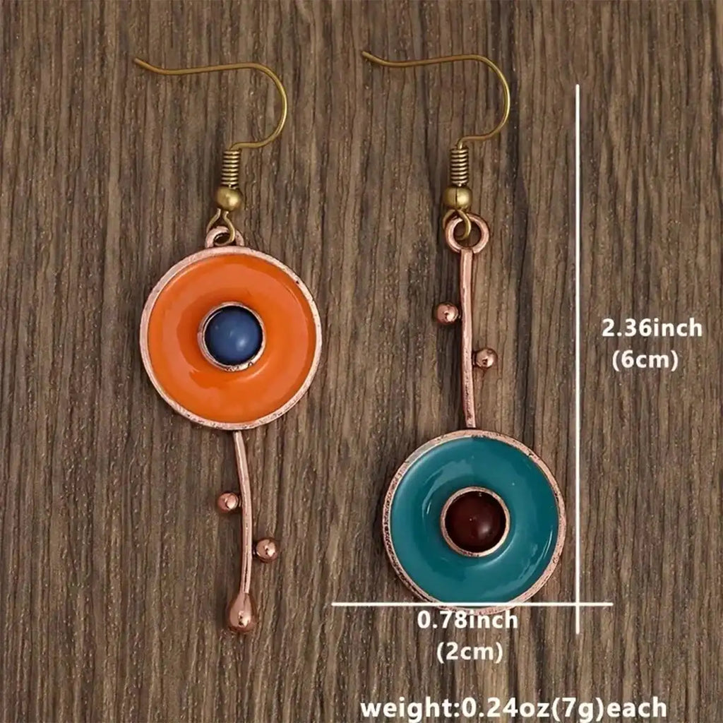 Bronze Metal Painting Pendant Earrings for Women's Ethnic Orange Blue Stone Personalized Earrings Jewelry Accessories
