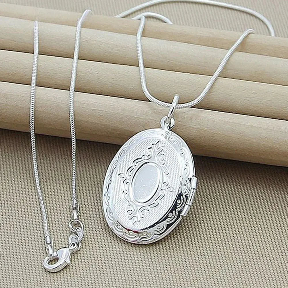 Collar con colgante de marco de fotos ovalado redondo de plata esterlina 925, cadena de serpiente de 18/20-28/30 pulgadas para mujer, hombre, joyería de boda