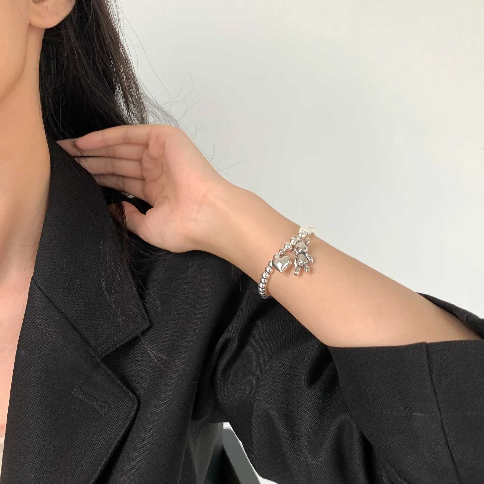 925 Sterling Silver Bracelets for Women String of Beads Accessories Trend Vintage Simple Cute Bear Pendant Party Jewelry