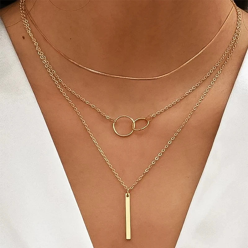 Fashion Layered Metal Bar Pendant Necklace for Women Daily Wear Gold Color Reactangle Clavicle Chain Collarbone Necklace Jewelry