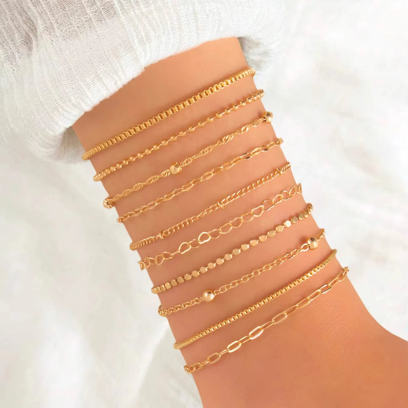 10 Stück Vintage Statement Goldfarbene Flache Schlangenkette Boxkette Armband Boho Mehrschichtiges Metallarmband Damen Sommer Schmuck