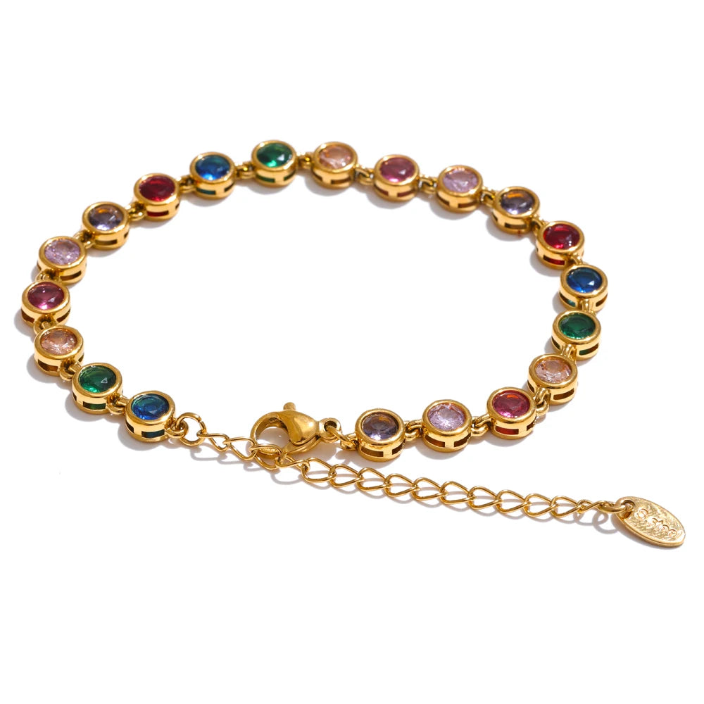 Yhpup Exquisite bunte Zirkonia Luxus Gliederkette Halskette Armband für Damen Edelstahl wasserdichter Schmuck Geschenk