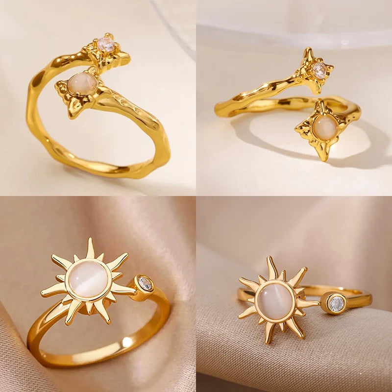 Zirkon Blumenringe für Frauen Goldfarbene Doppelte Blume Verstellbarer Edelstahlring Hochzeit Party Weihnachtsgeschenk Schmuck