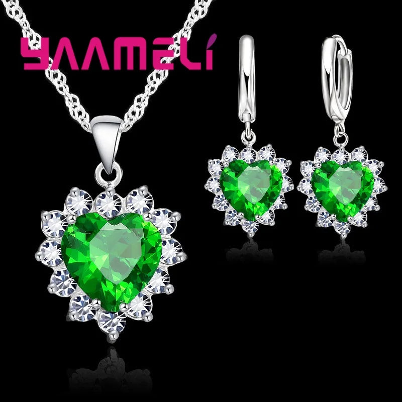 Trendiges 925 Sterling Silber Schmuckset für Damen mit Herz-Zirkonia-Anhänger, Halsketten und Ohrringen – LIEBE Jubiläumsgeschenk