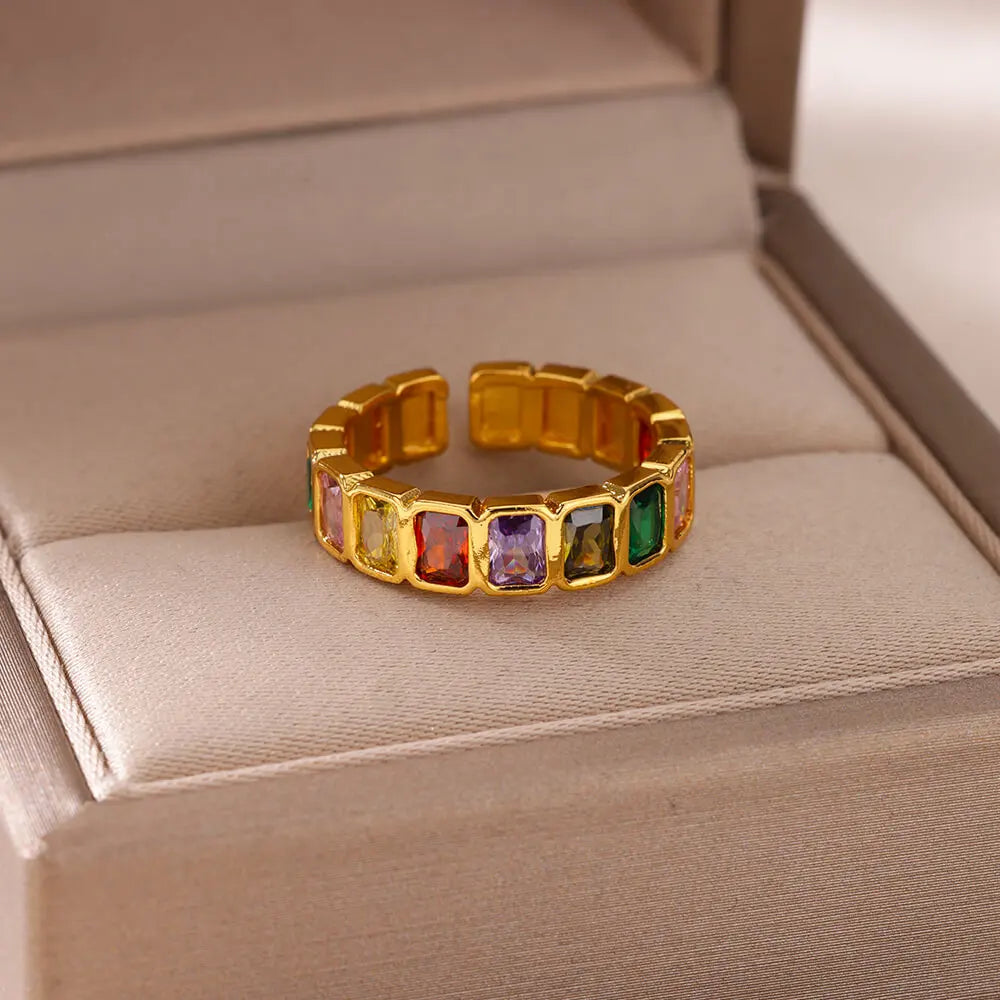Bunter Zirkonia-Ring für Damen, Edelstahl, goldfarben, offener Ring, Vintage-Boho-Hochzeitsfeier-Schmuck, Geschenk-Accessoires