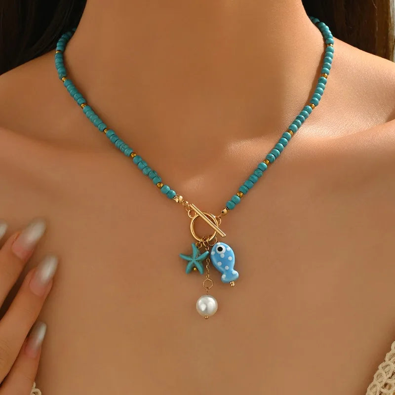 Bohemian Sea-Inspired Ceramic Fish & Starfish Pendant Necklace with 4mm Synthetic Turquoise Beads, Lightweight Beach Jewelry