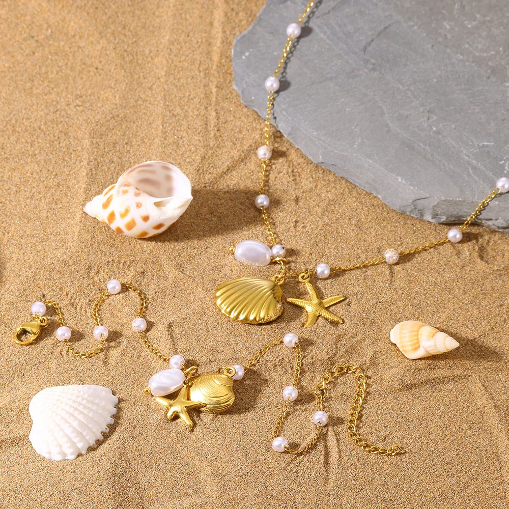 Freshwater Pearl Jewelry Set Shell Starfish Star Necklace Anklet Sets For Women Fashion Stainless Steel Chain Party Daily Gifts