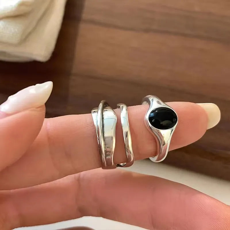 Anillos de plata de ley 925, diseño de piedra negra, vintage, hip hop, para parejas, tailandeses, regalo de cumpleaños