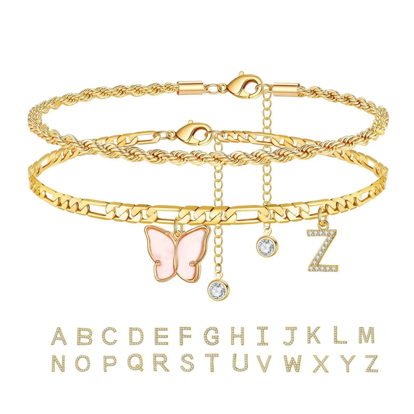 2 Stück Edelstahl Anfangs-Fußkettchen-Set für Frauen, 26 Buchstaben Acryl Schmetterling Charm Kette am Fuß Sommer Fußkettchen Schmuck
