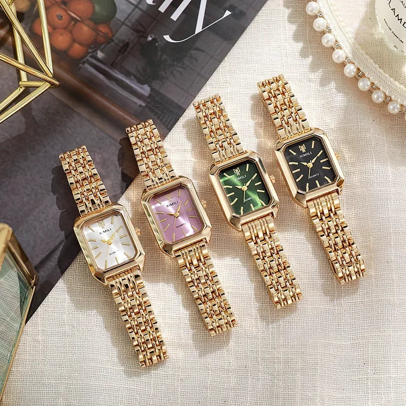 2025 Marca de moda de acero inoxidable correa de reloj para mujer, reloj de pulsera de cuarzo de lujo, reloj de cuarzo cuadrado simple para estudiantes