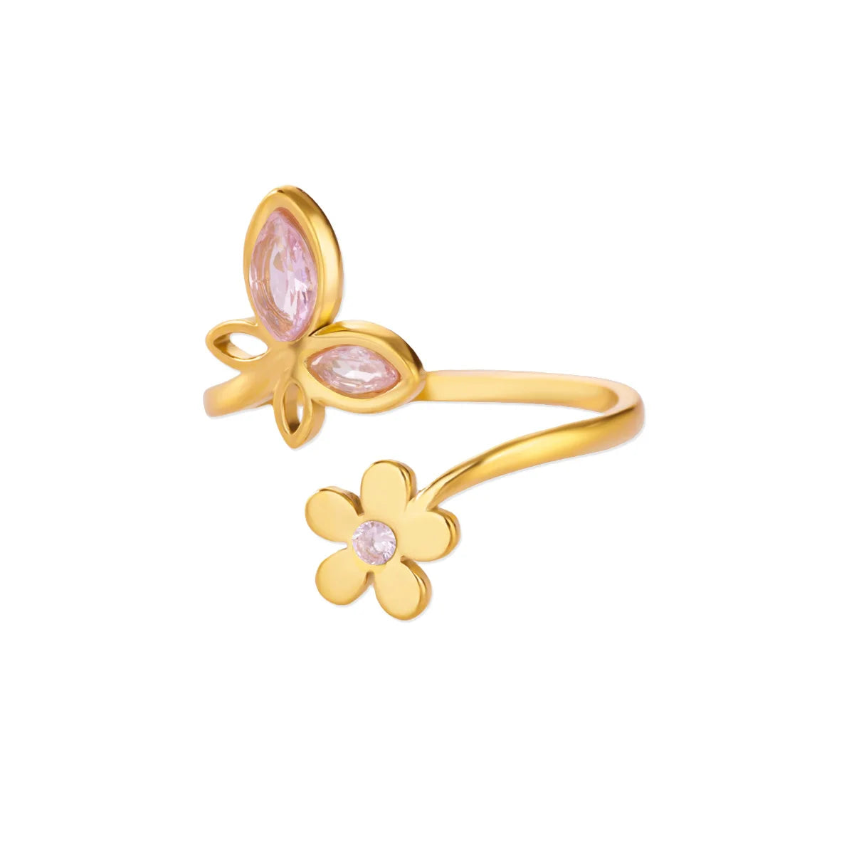 Elegante Zirkonia Blumen Schmetterling Ringe für Damen Goldfarben Edelstahl Blume Verstellbarer Ring Hochzeit Weihnachts Schmuck Geschenk