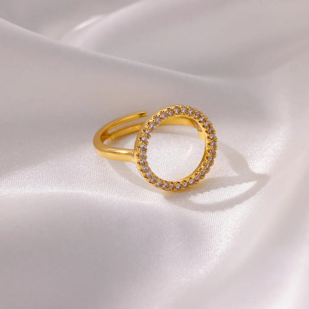 Anillos redondos huecos de circonita de moda para mujer, de acero inoxidable, color dorado, ajustables, anillo de boda, regalo de joyería estética anillos