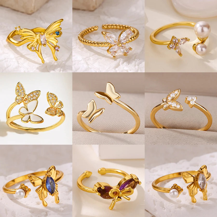 Mode Luxus Zirkon Schmetterlingsringe für Damen Edelstahl Offener Fingerring Trendiger Hochzeitsfeier Ästhetischer Schmuck Geschenk
