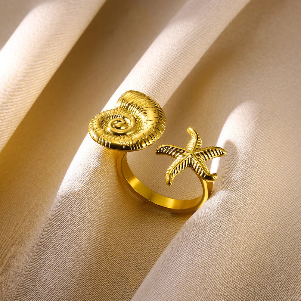 Ozean Seestern Muschel Offene Ringe Für Frauen Goldfarben Edelstahlring Sommer Strand Ästhetik Wasserdichter Schmuck Geschenk