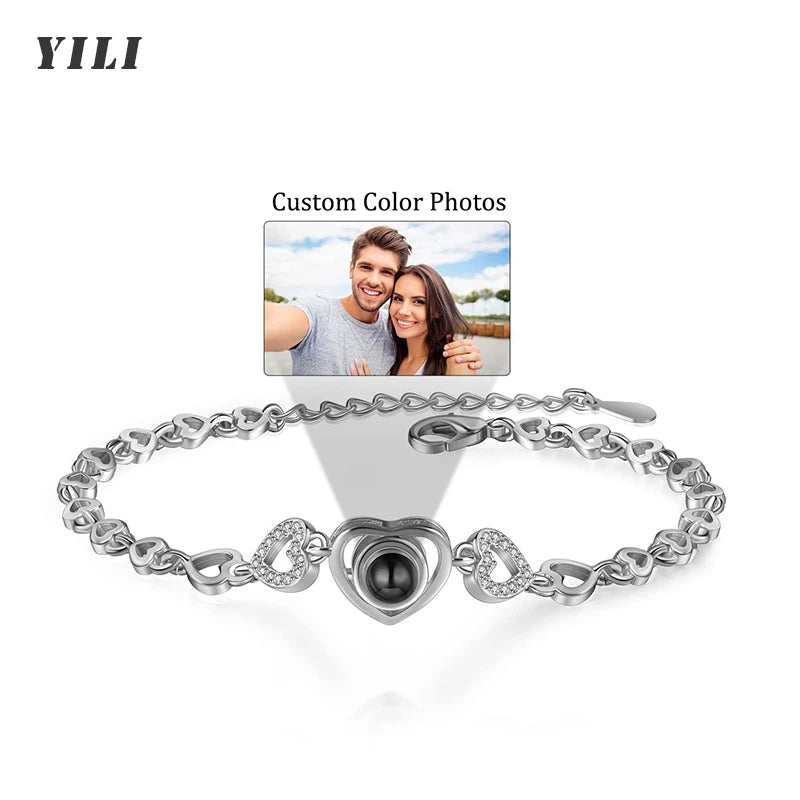 Personalisierte Foto-Armbänder mit Projektion – Armband mit Bild im Inneren, 100 Sprachen „Ich liebe dich“, Edelstahl-Armband