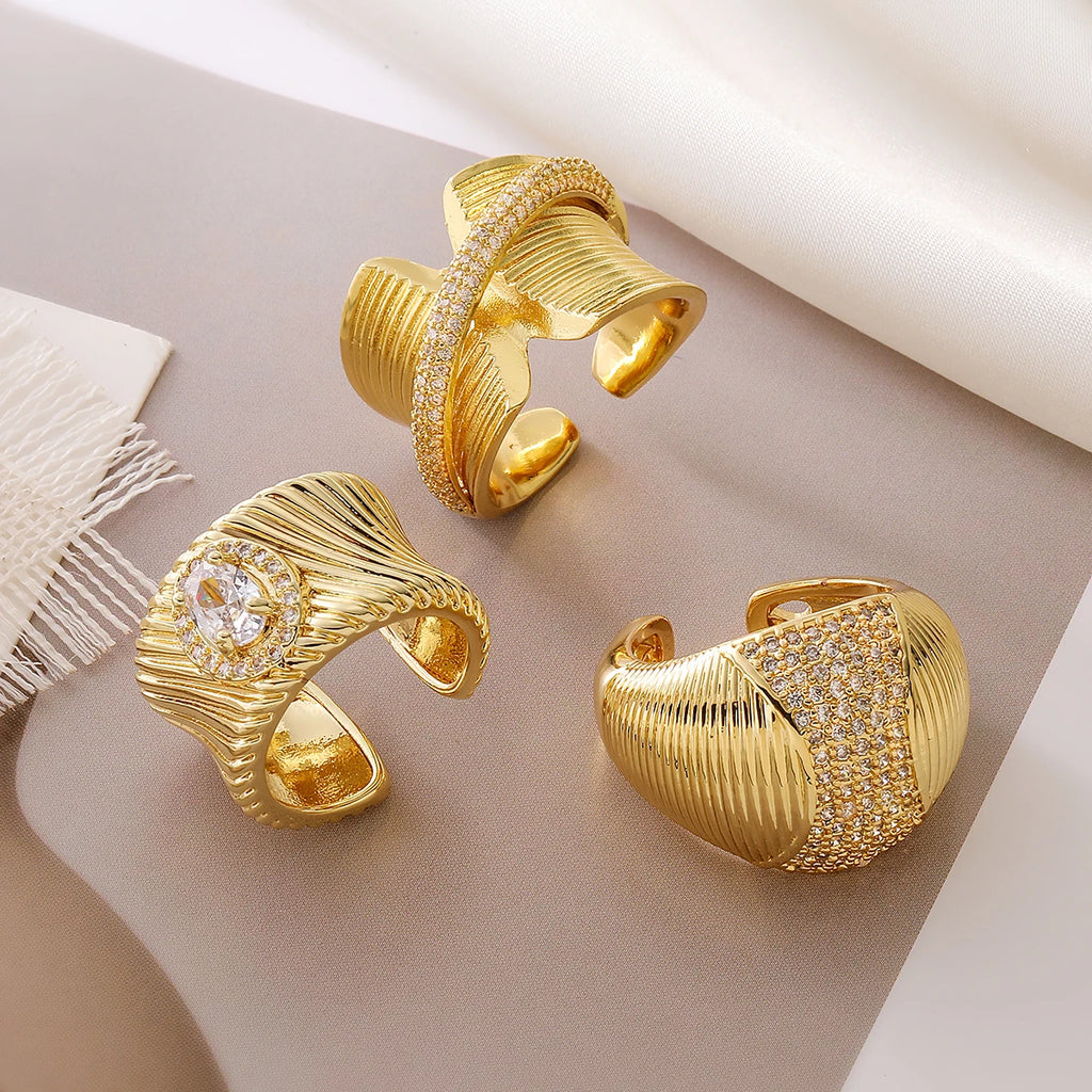 NEWBUY Luxury AAA Cubic Zirconia Inlay Copper Wedding Jewelry Gold Color Statement Geometric Shape Open Design Rings For Women