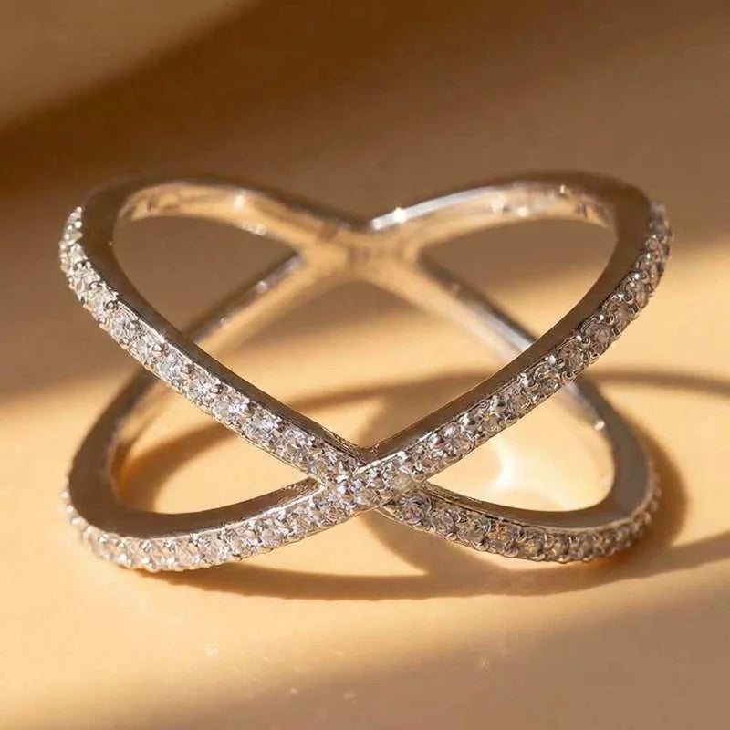 Anillo de compromiso de lujo de plata de ley 925 con forma de cruz X para mujer, pavé completo de circonitas, elegante y sencillo, para mujer, venta caliente
