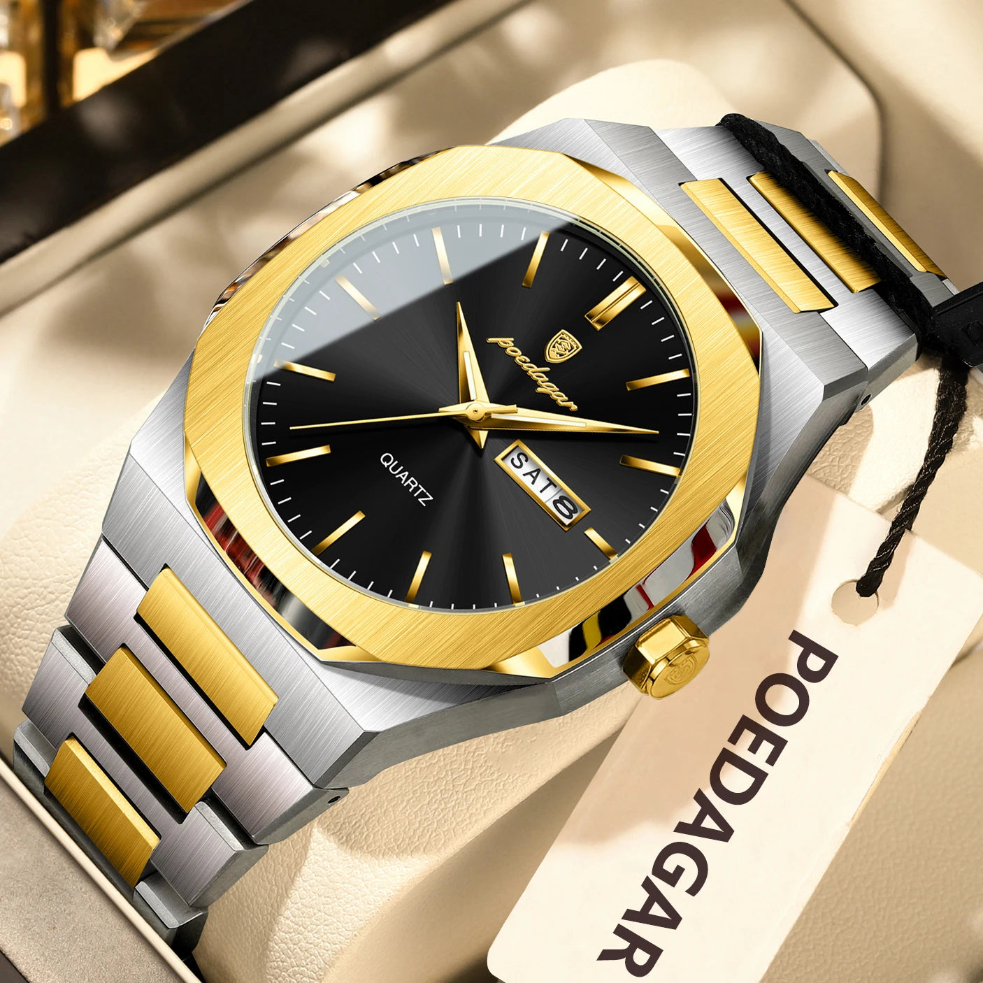 Reloj de hombre de marca de moda POEDAGAR, impermeable, luminoso, de acero inoxidable, para hombres, fecha, semana, informal, de cuarzo, Reloj de hombre