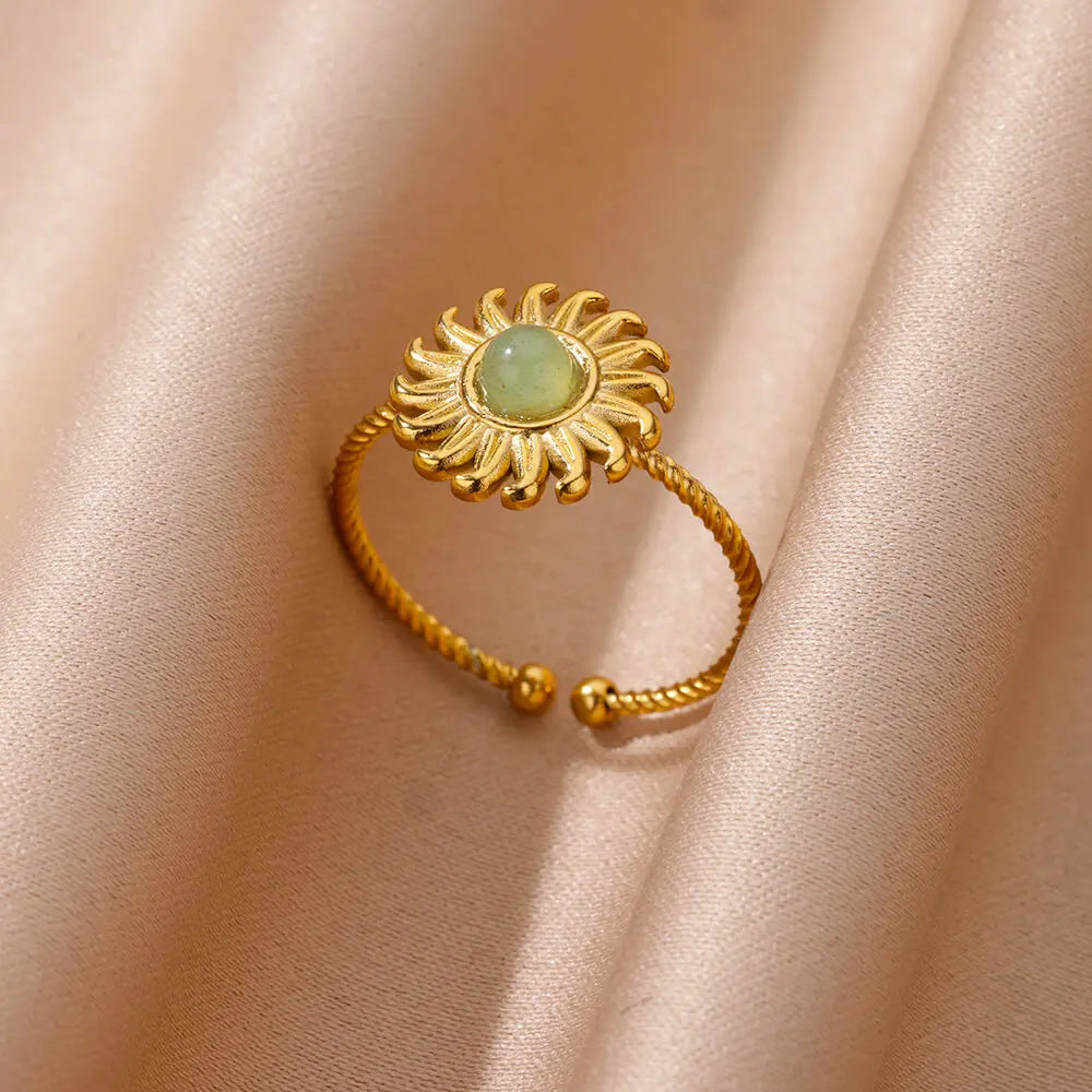 Edelstahl glatt doppelte Kugelperlenringe für Frauen Vintage Opal Natursteinring Mode Goldfarbe Ästhetischer Schmuck