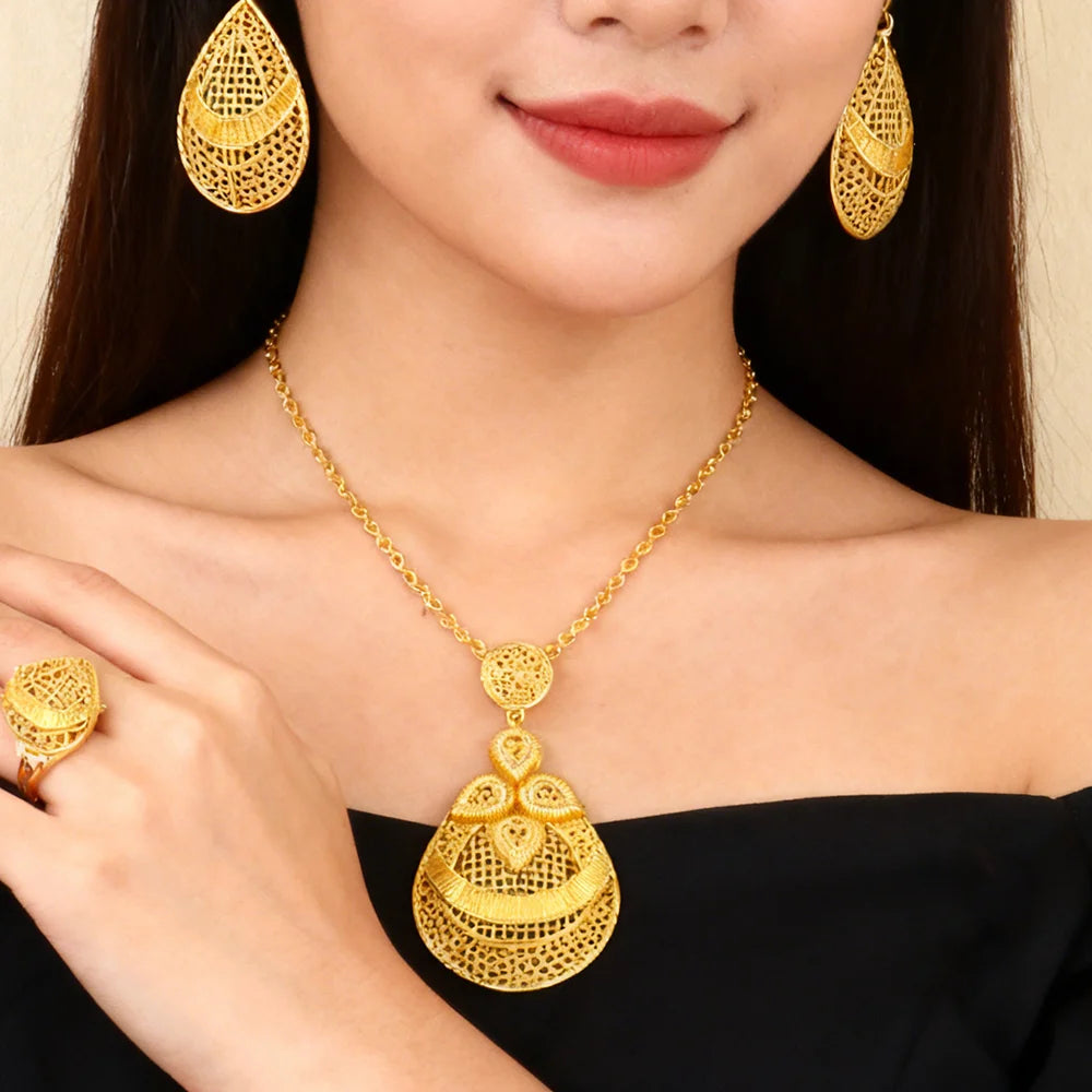 24 Karat goldfarbenes Party-Halskette-Ohrringe-Ringe-Set, luxuriöse Goldschmuck-Sets für Damen, Hochzeitsfeier-Accessoires