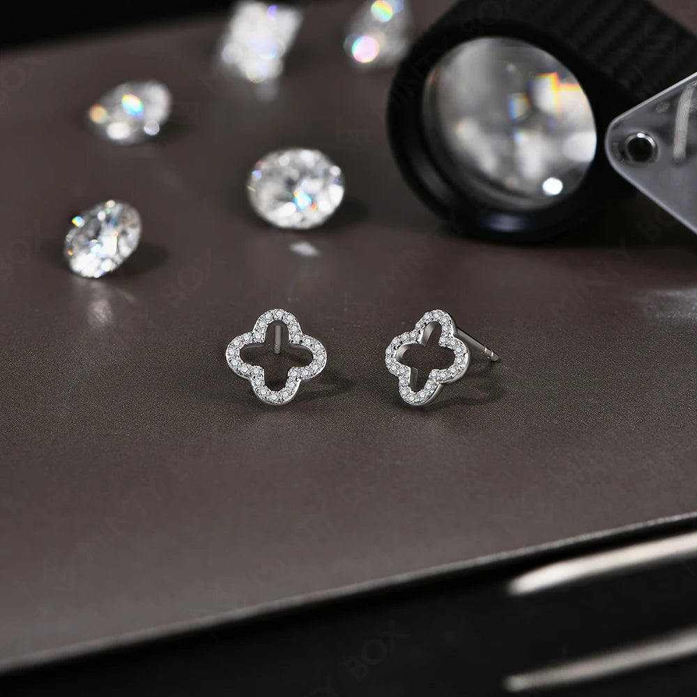 MINTYBOX Pendientes de Plata de Ley S925 con Moissanita y Diamantes para Mujer, Diseño de Trébol Chapado en Oro Blanco de 18 Quilates, Joyería Fina para Boda