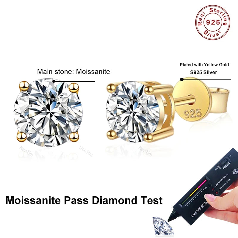 NeeTim 0.2-2 Karat Moissanit Ohrringe für Damen, 925 Sterling Silber Ohrstecker mit Gelbgold plattiertem Labordiamanten, Hochzeitsschmuck