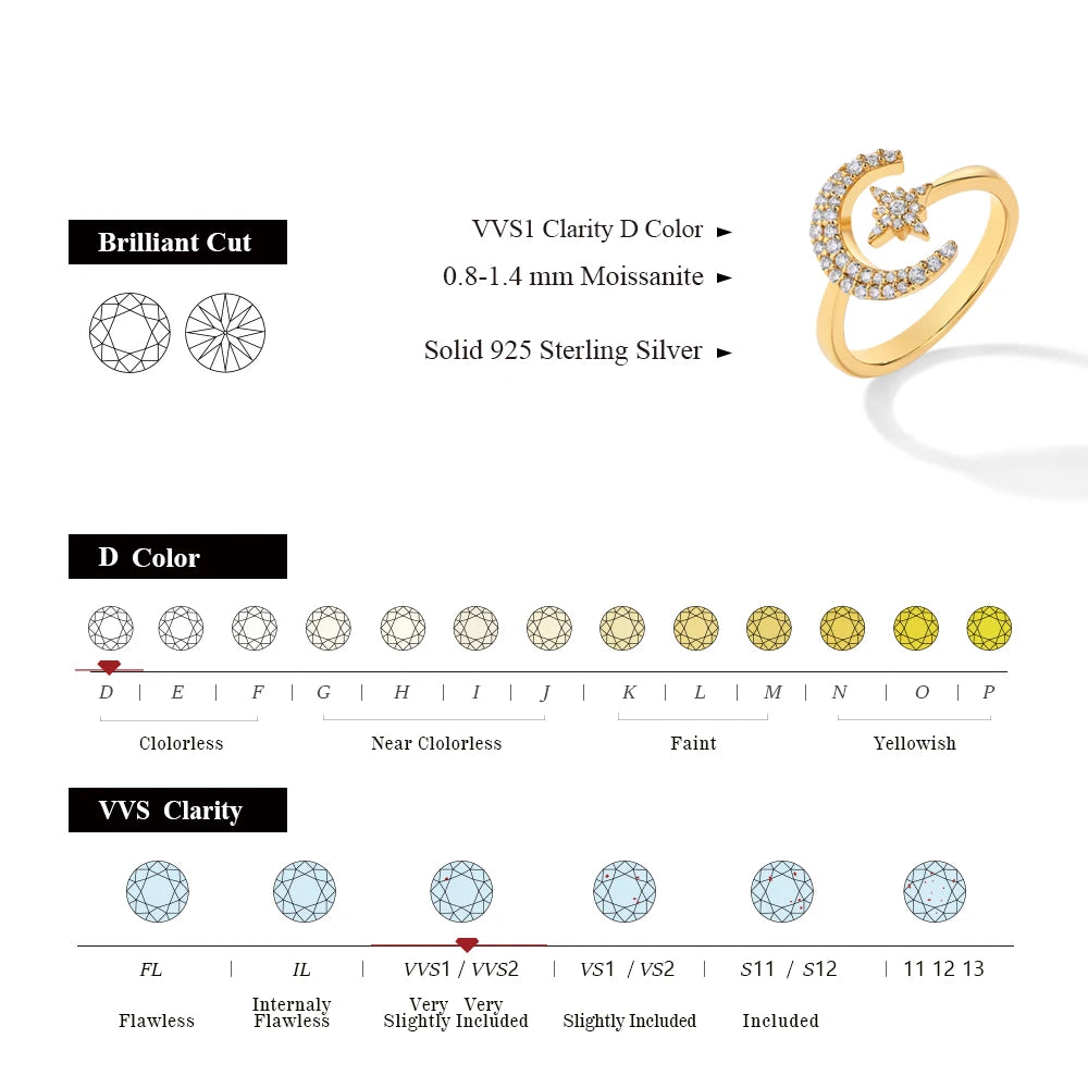 MINTYBOX 0.242CTW Stern Mond S925 Sterlingsilber Moissanit Ringe für Damen Labor Diamant Ring 18K Vergoldet Hochzeit Schmuck Geschenk