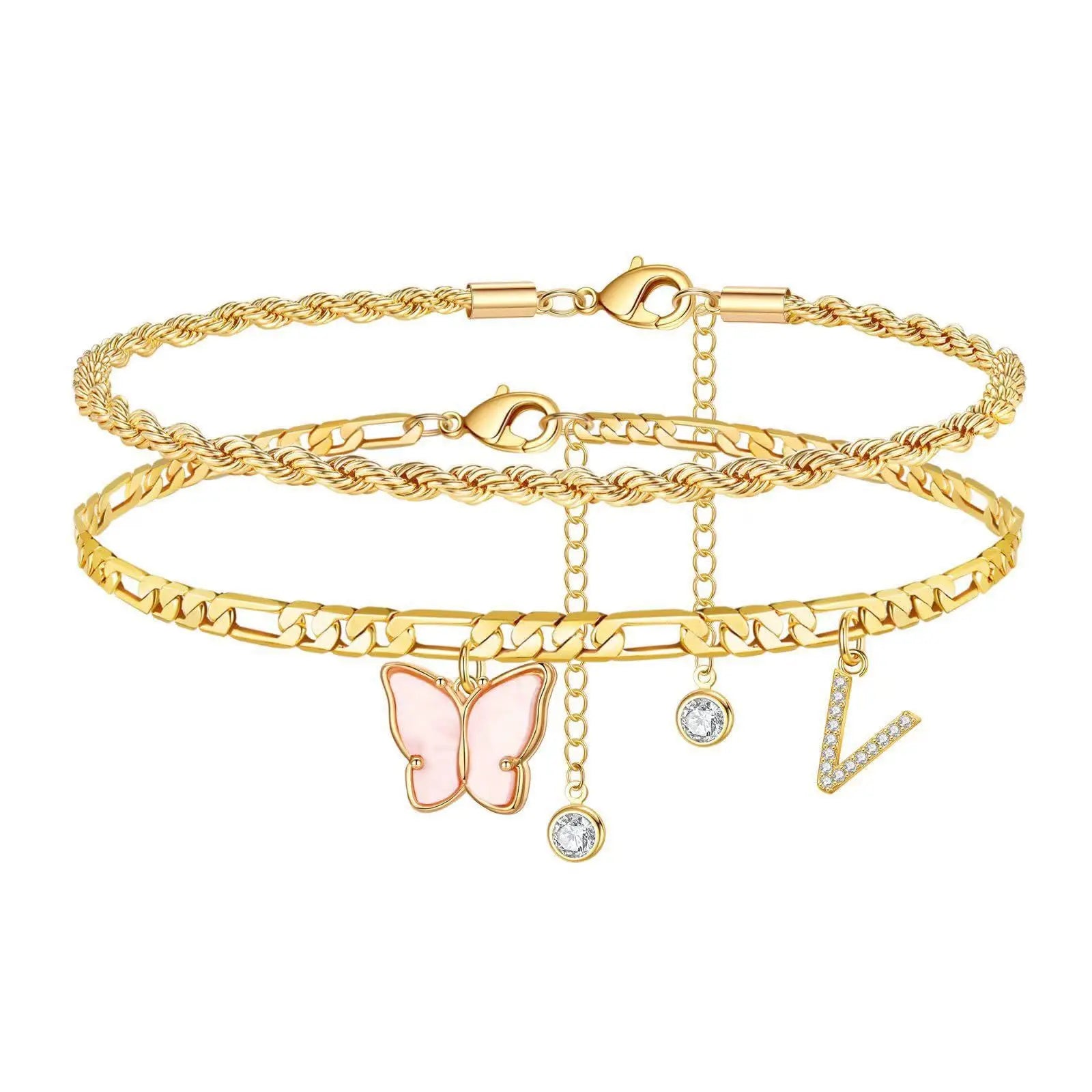 2 Stück Edelstahl Anfangs-Fußkettchen-Set für Frauen, 26 Buchstaben Acryl Schmetterling Charm Kette am Fuß Sommer Fußkettchen Schmuck