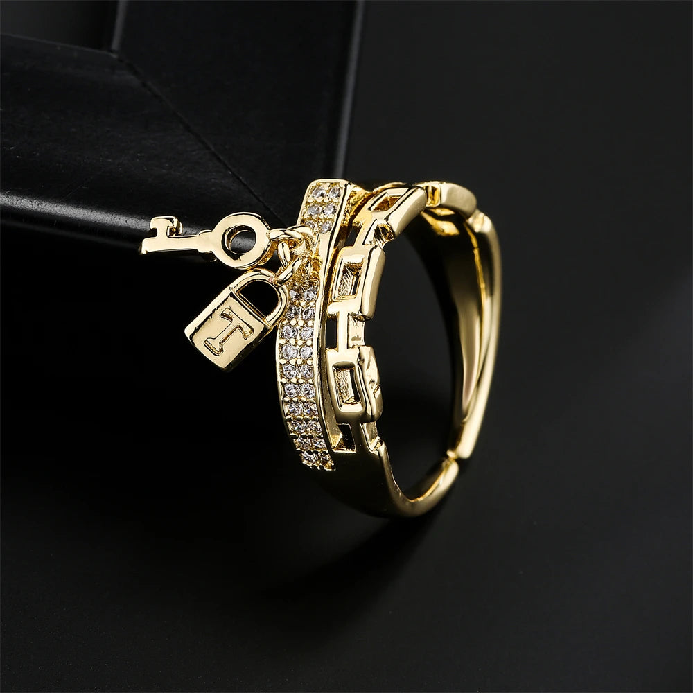 NEWBUY Fashion Gold Color Copper Wedding Jewelry Luxury AAA CZ Zircon Lock & Key Charm Finger Ring Adjustable For Women Girl