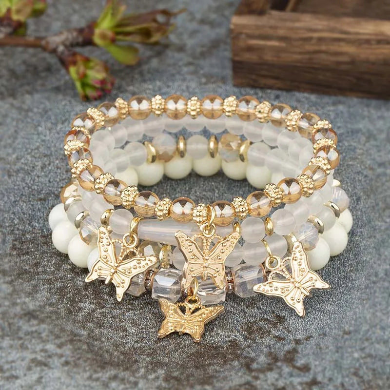 4 Stück Böhmisches Schmetterlings-Charm-Armband-Set für Damen, Kristallperlen, Kettenarmreif, weibliche Mode-Party-Schmuckgeschenk
