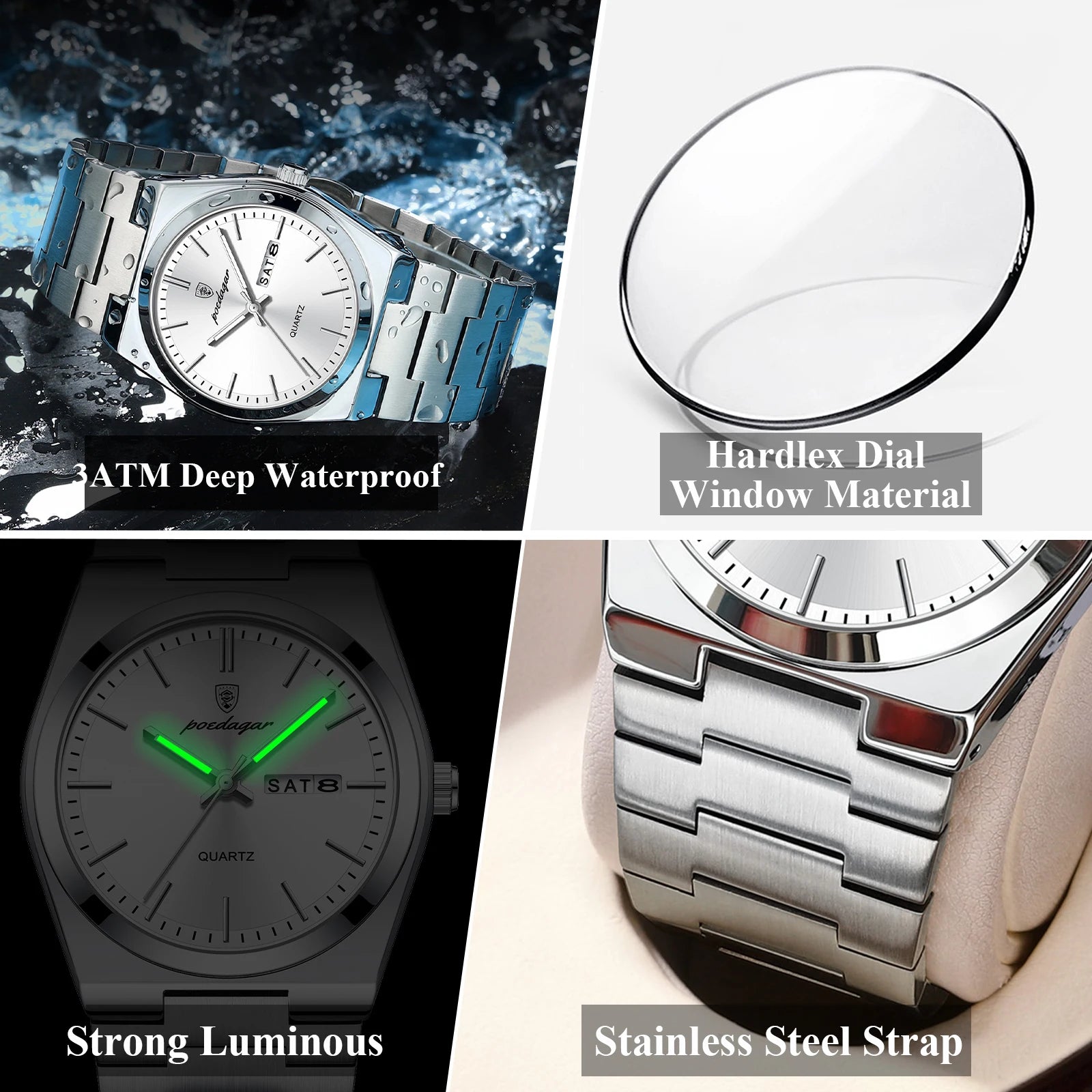 POEDAGAR Lujoso Reloj de Pulsera de Negocios para Hombre, Impermeable, Luminoso, de Acero Inoxidable, con Fecha, Semana, Moda, Relojes de Cuarzo para Hombre+Caja