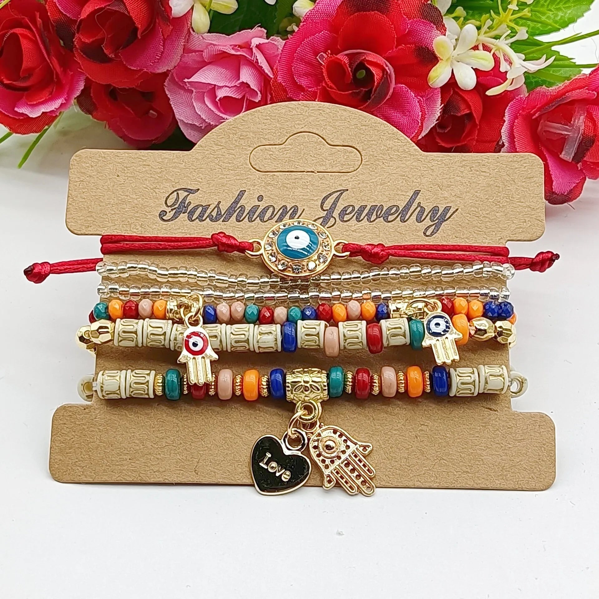 6Pcs Fatima Hand Böses Auge Armband Set für Frauen Herz Charm Perlen Seilkette Armreif Weiblicher Böhmischer Handgemachter Schmuck