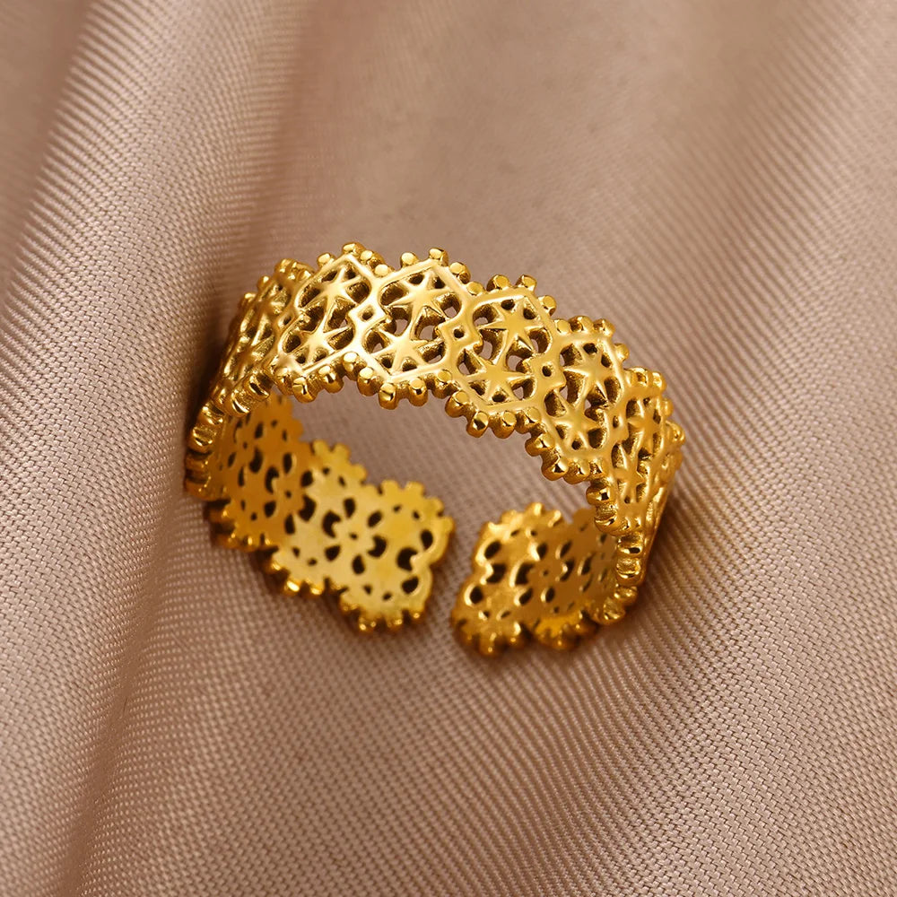 Edelstahl Doppelring für Frauen Vintage Hohl Geometrischer Fingerring Modeschmuck Hochzeit Geburtstagsgeschenk
