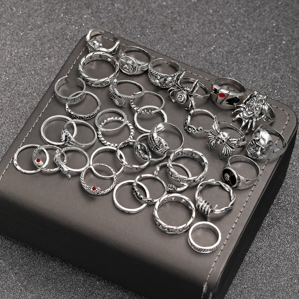 35-teiliges Gothic-Ring-Set für Herren und Damen, trendige Joker-Gesicht-Teufels-Lächeln-Gesicht-Fingerringe für tägliche Outfits, Party-Accessoires, Geschenke