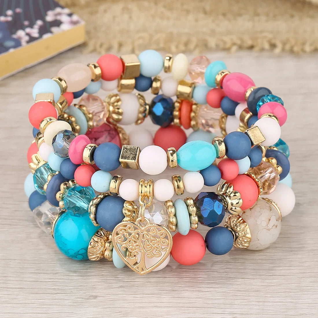 4 Stück Lebensbaum Herz Armband Set Für Frauen Acryl Glasperlen Kette Elastisches Armband Weibliche Mode Party Schmuck