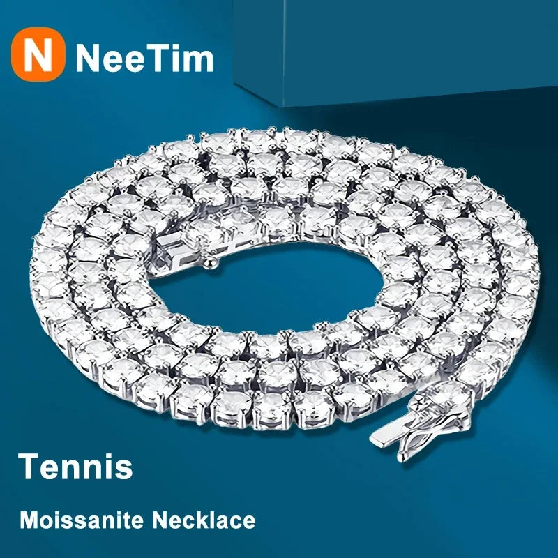 NeeTim Collar de tenis de moissanita real de plata de ley 925 para hombres y mujeres, cadena de cuello con diamantes de laboratorio, joyería fina para fiestas