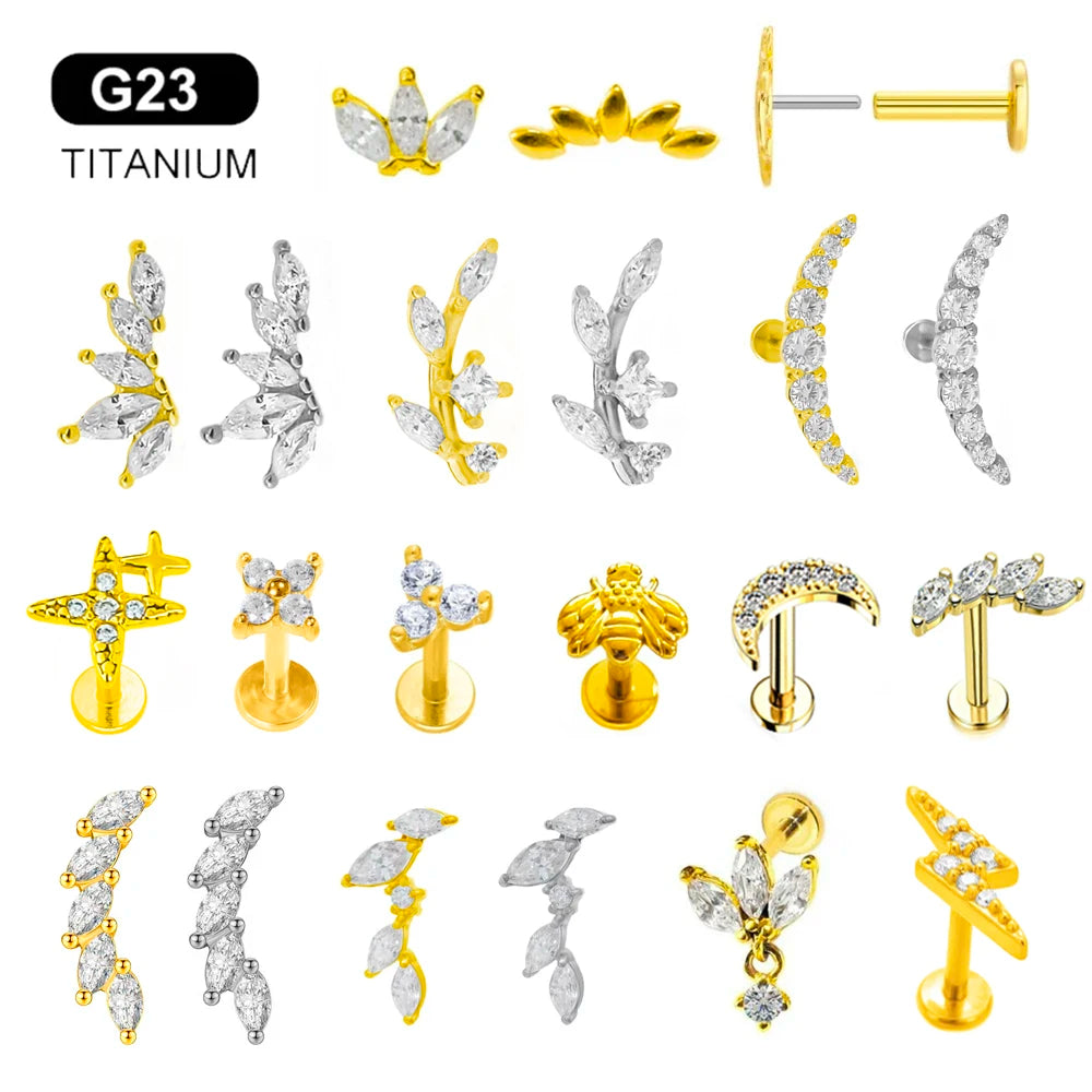 ASTM F136 G23 Titan Blattzweig Push-In Threadless Labret Piercing 16/18/20G Ohrstecker Knorpel Großhandel Körperschmuck