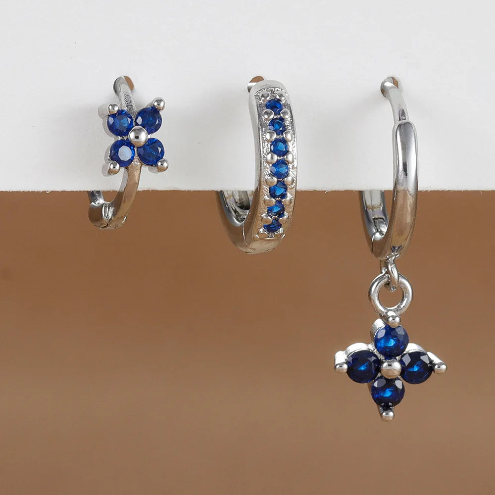 3PCS Fashion Orange Blue Zircon Hanging Earrings Set for Women Stainless Steel Flower Dangle Earring Piercing Jewelry