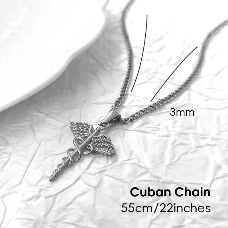 Collar de serpiente con ala de ángel de acero inoxidable chapado en oro de 18 quilates - Colgante de caduceo griego, joyería con amuleto para médico/enfermera