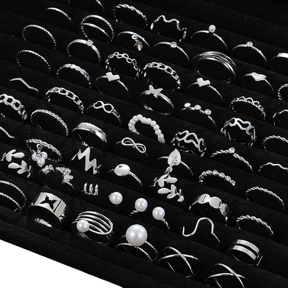 64-teiliges Set geometrischer Knöchelringe in Silber für Frauen, Herz, Kreuz, Blatt, Perlenanhänger, Fingerring, Damen, Boho-Partyschmuck