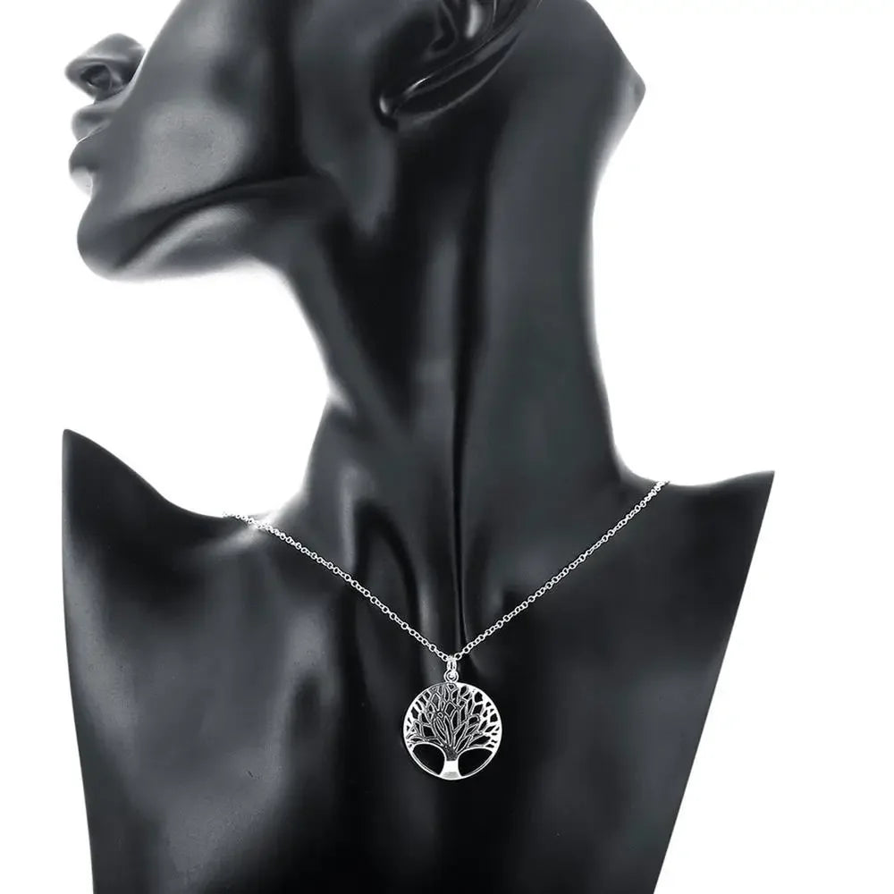 925er Sterlingsilber Feines Retro Rundbaum-Anhänger Halsketten-Ohrring-Set für Damen Mode Party Hochzeit Schmuckset Geschenke