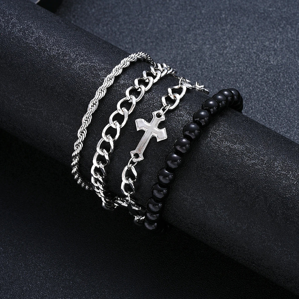 4 Stück Edelstahl Armband Set Für Männer Frauen Punk Mode Kreuz Perlen Kettenarmbänder Einfache Hip Hop Unisex Schmuck Geschenk Neu