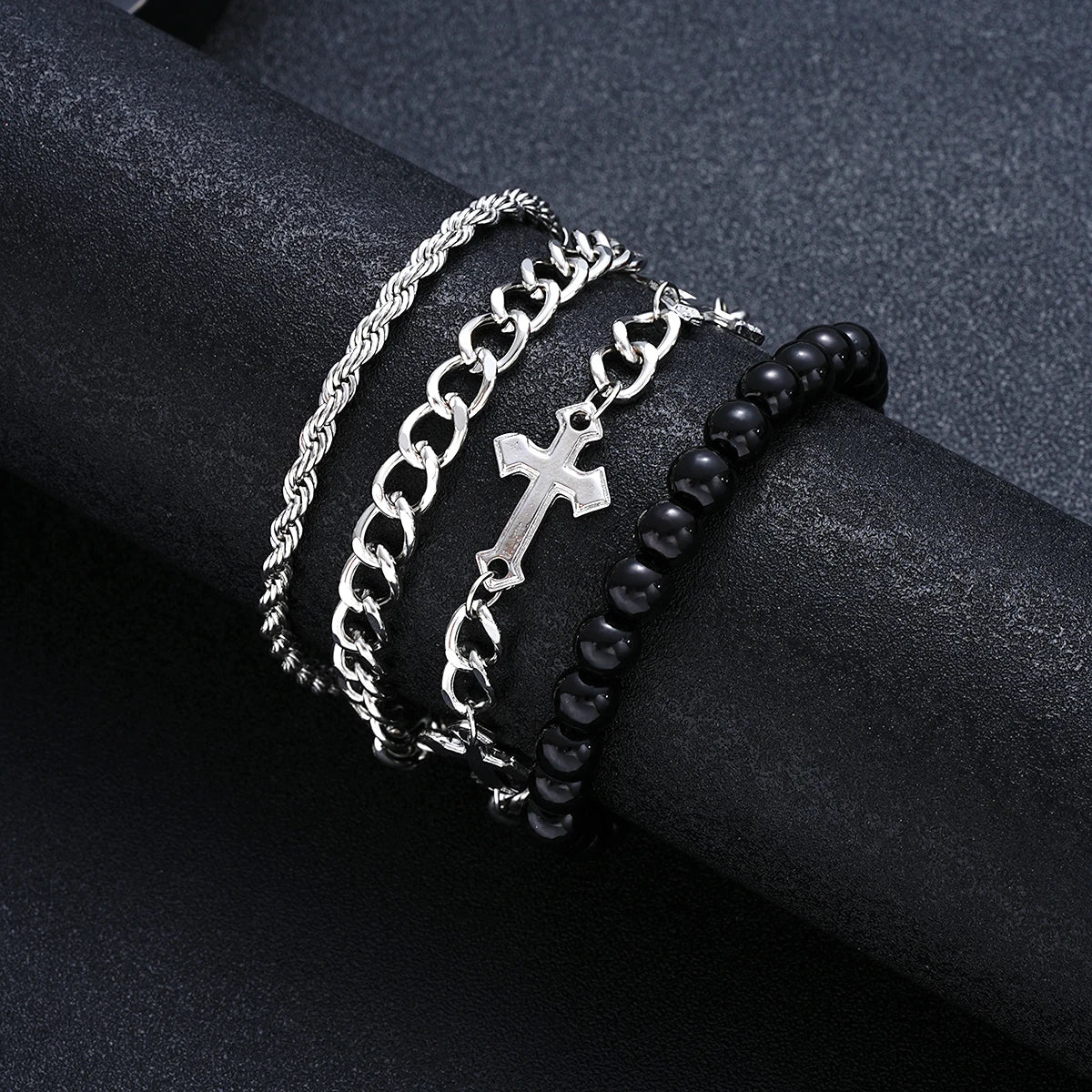 4 Stück Edelstahl Armband Set Für Männer Frauen Punk Mode Kreuz Perlen Kettenarmbänder Einfache Hip Hop Unisex Schmuck Geschenk Neu