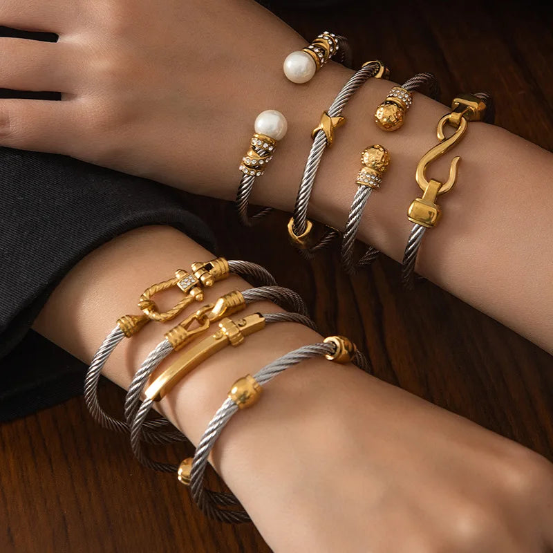 1x Edelstahl vergoldet Armreif Trendiger Retro Hip-Hop Stil Armband Fried Dough Twists Stahldrahtseil Farbfester Armreif