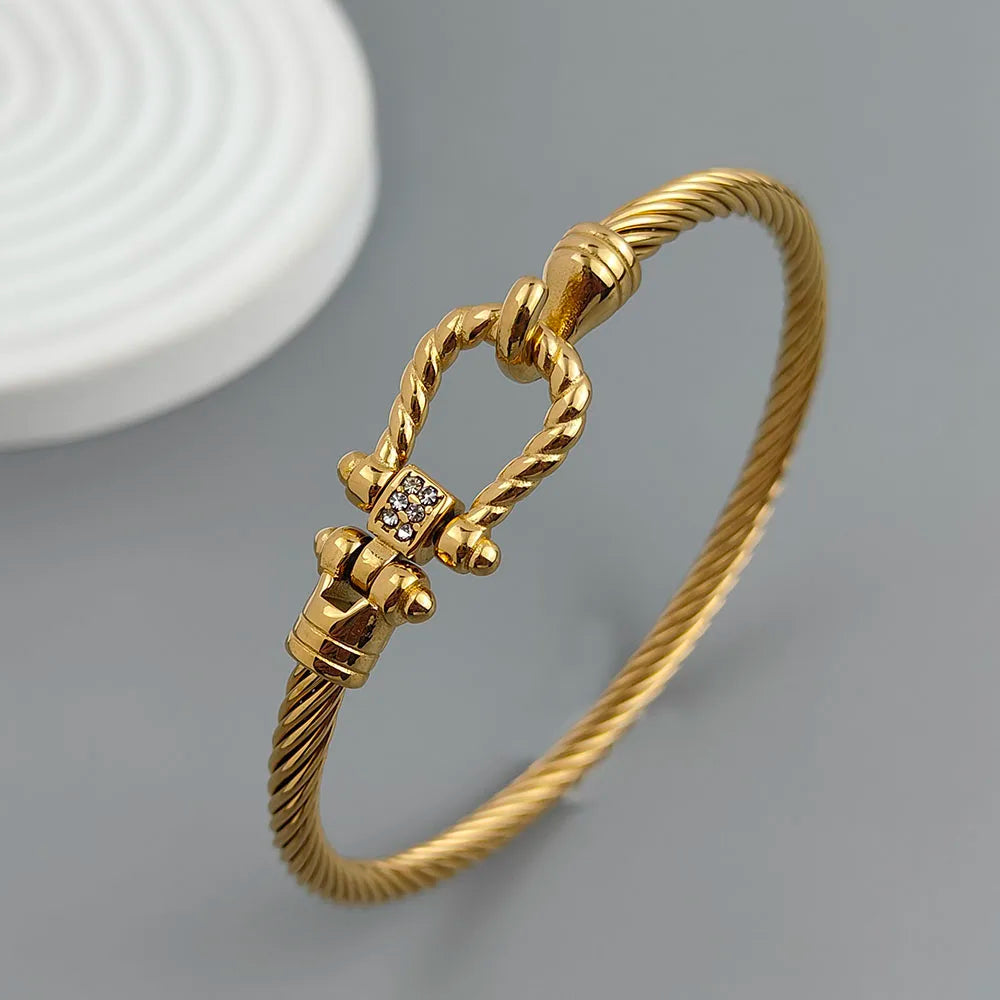 Neues Armband aus Stahldraht mit Knopfmuster, Hufeisen, vergoldet, Edelstahl, 18K, hochwertiges, wasserdichtes Paar-Armband, Frau