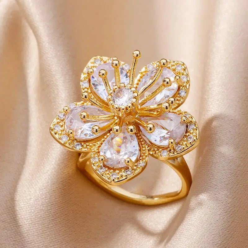 Anillos de flores delicadas de circonita para mujer, de acero inoxidable, nueva tendencia 2024, joyería estética elegante de lujo