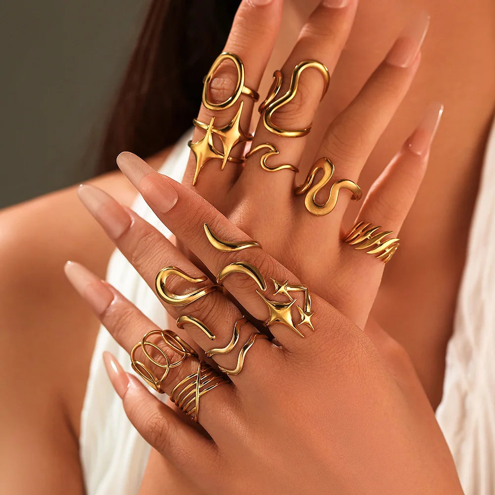 Edelstahl unregelmäßige Wellenringe für Frauen Kreativ Gold Farbe Verstellbarer offener Ring weiblicher Schmuck Punk Rapper Anillos Geschenke