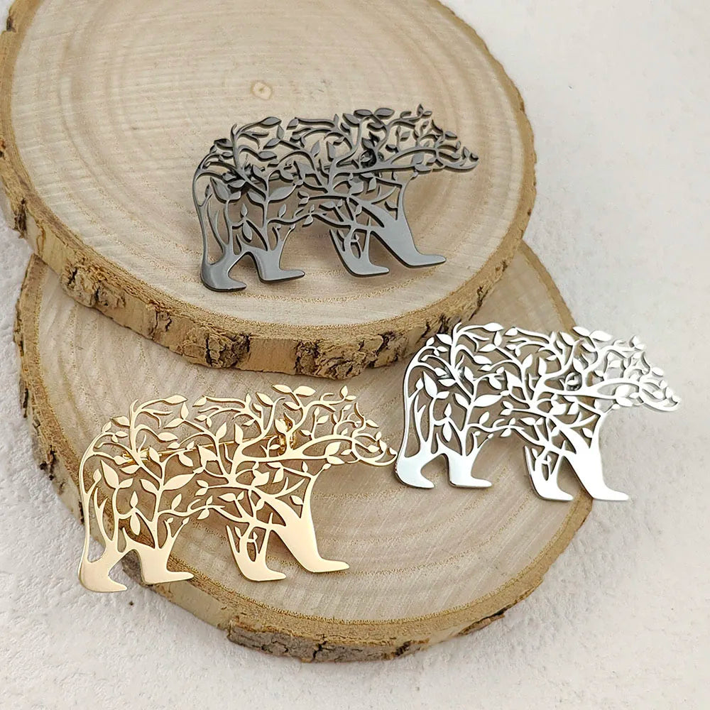 Creative punk style hollow polar bear stainless steel gold-plated 18K brooch, black suit accessories, wedding matching set